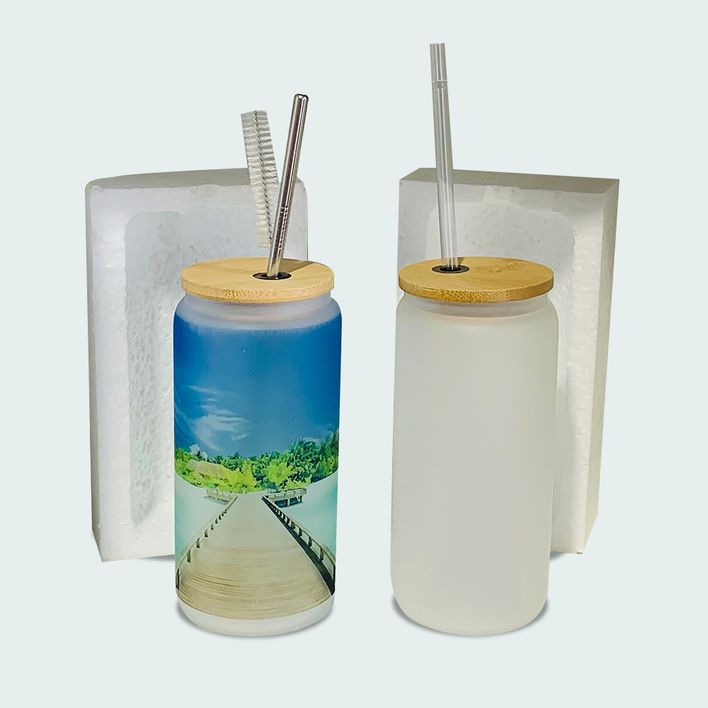 - 16 OZ Frosted Glass Tumbler Skinny Straight with Bamboo Lid and Plastic Straw-metal sraw and brush with reinforced packaging