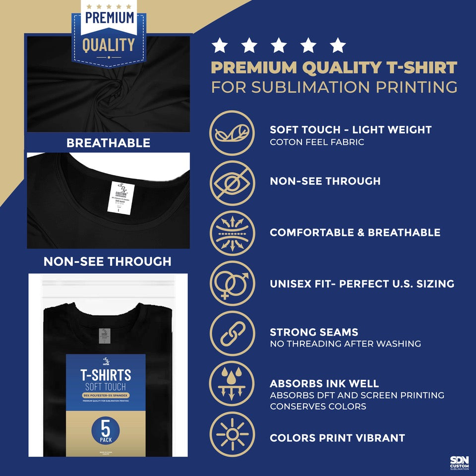 5 Pack-Adult T-Shirts Black Super Soft (95% Polyester-5% Spandex) -