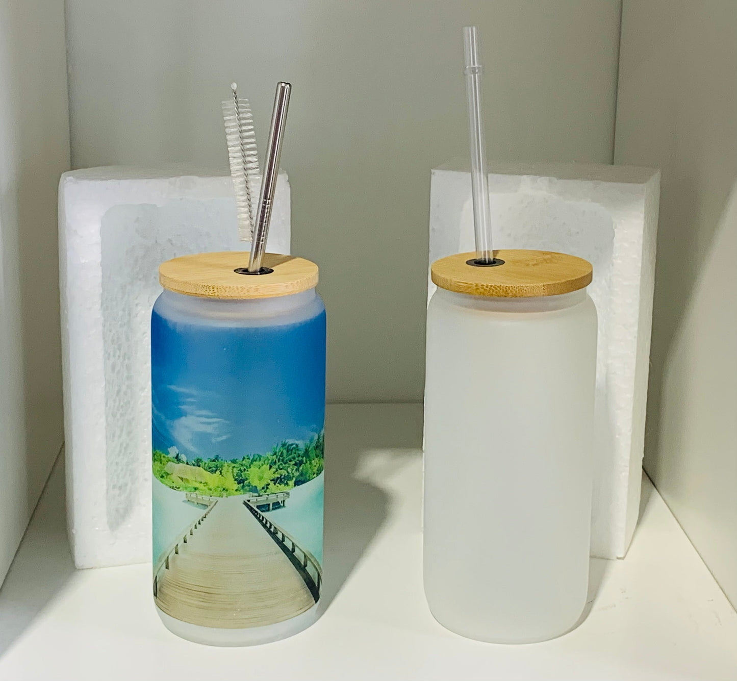- 16 OZ Frosted Glass Tumbler Skinny Straight with Bamboo Lid and Plastic Straw-metal sraw and brush with reinforced packaging