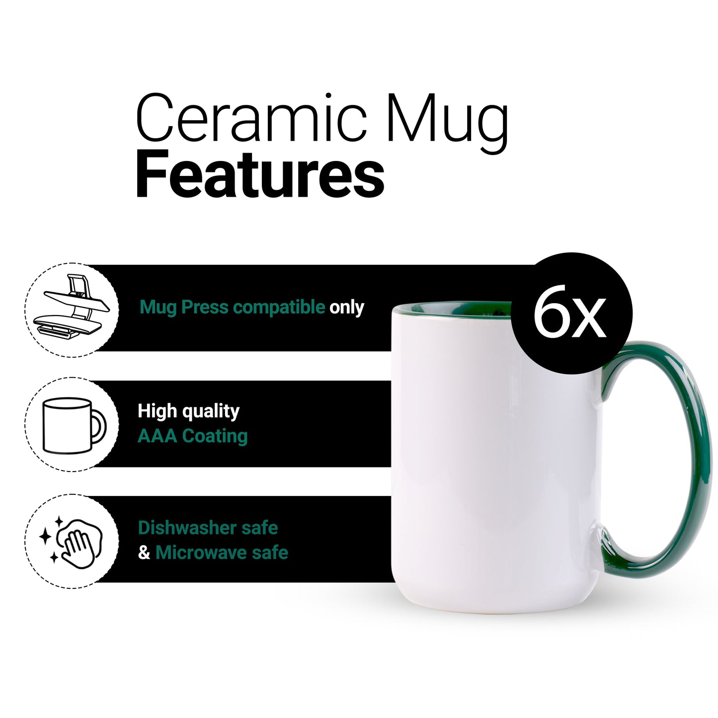 15 once White sublimation mugs inner color GREEN and handle with reinforced foam box packaging