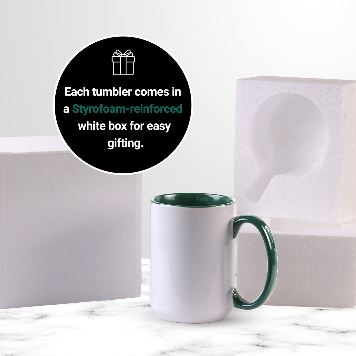 15 once White sublimation mugs inner color GREEN and handle with reinforced foam box packaging