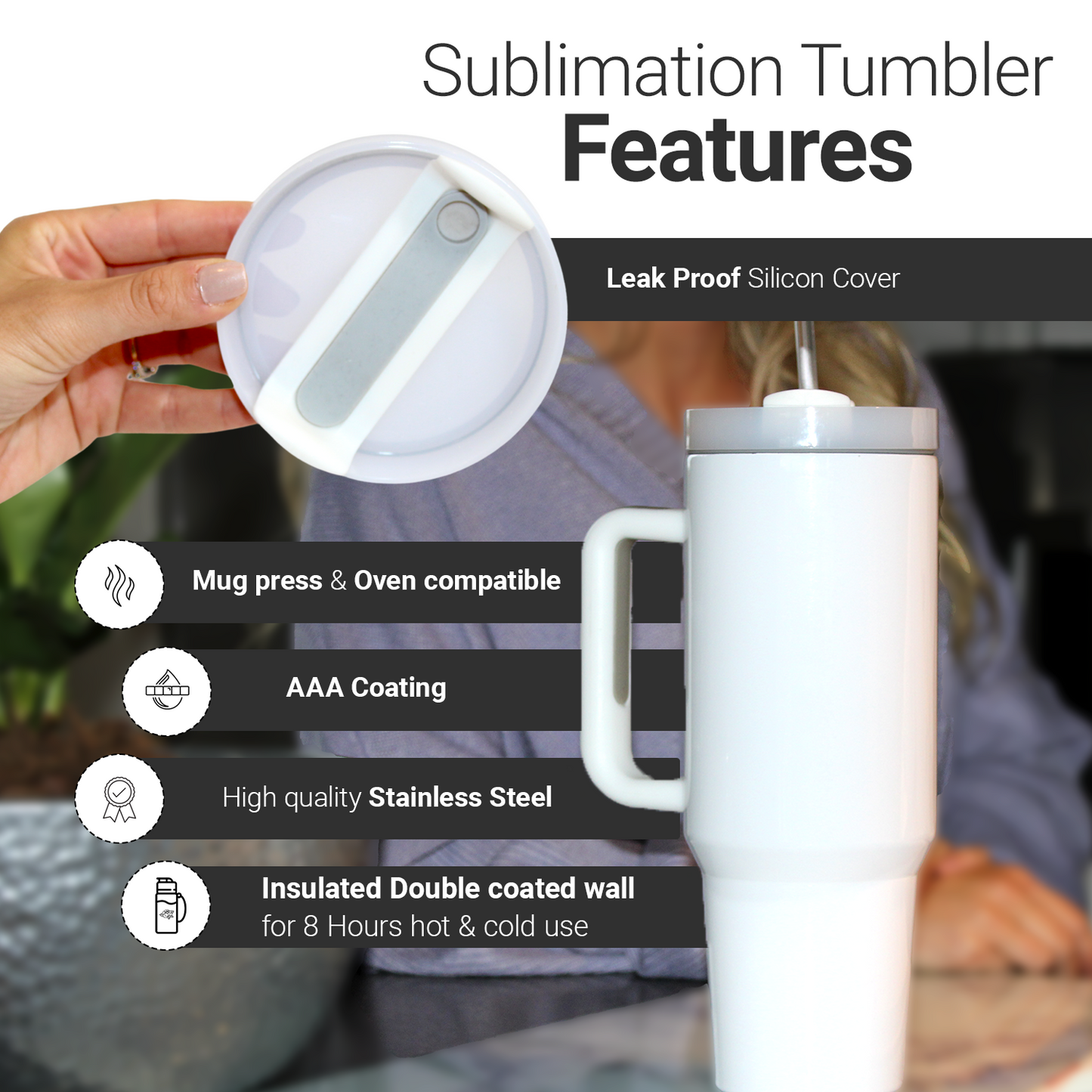 40 oz Tumbler withscrewable Handle:(Double insulated hot- cold 8 hours)