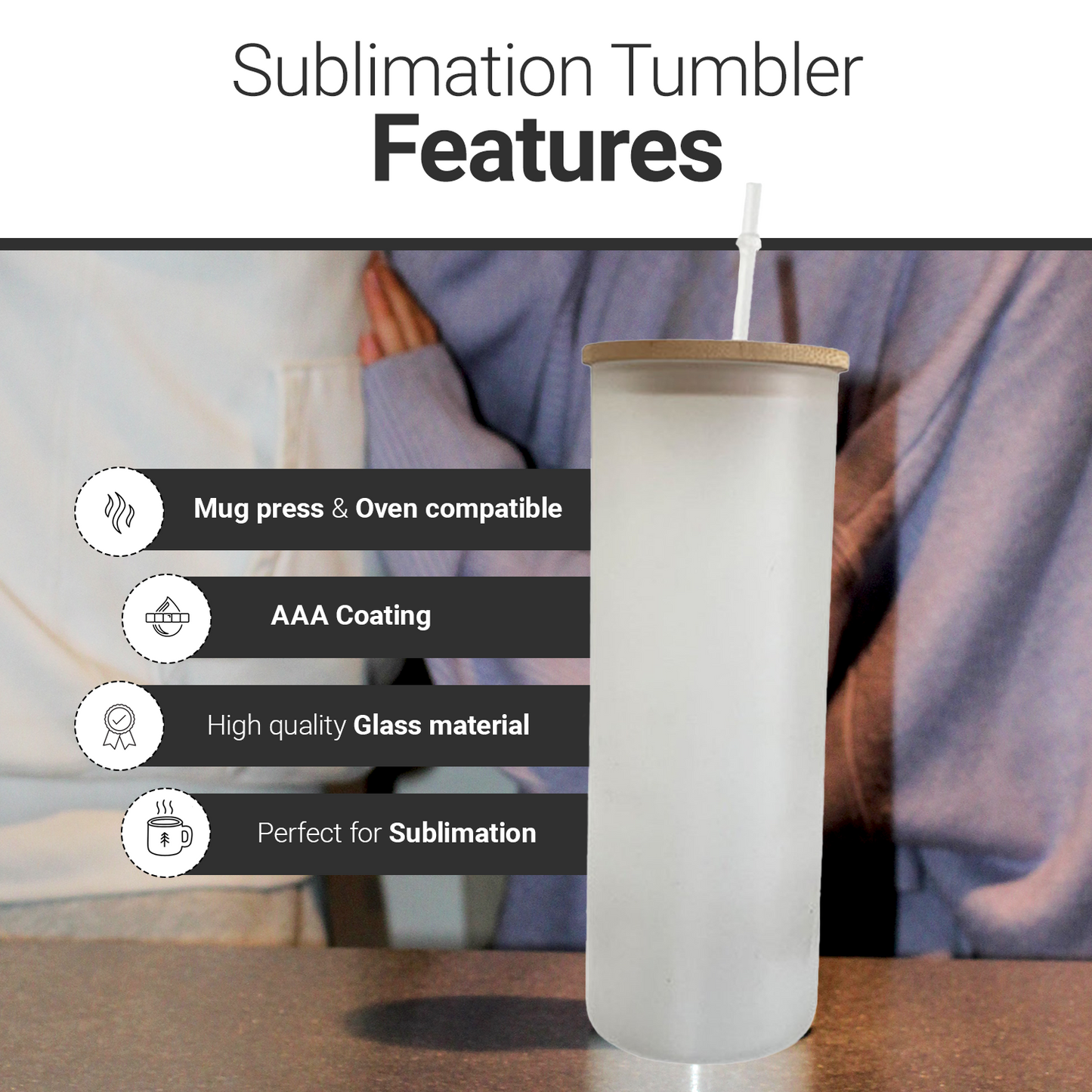 SDN SUBLIMATION Sublimation Blanks Glass Tumbler Skinny Straight Frosted 20 OZ with Bamboo Lid and Plastic Straw