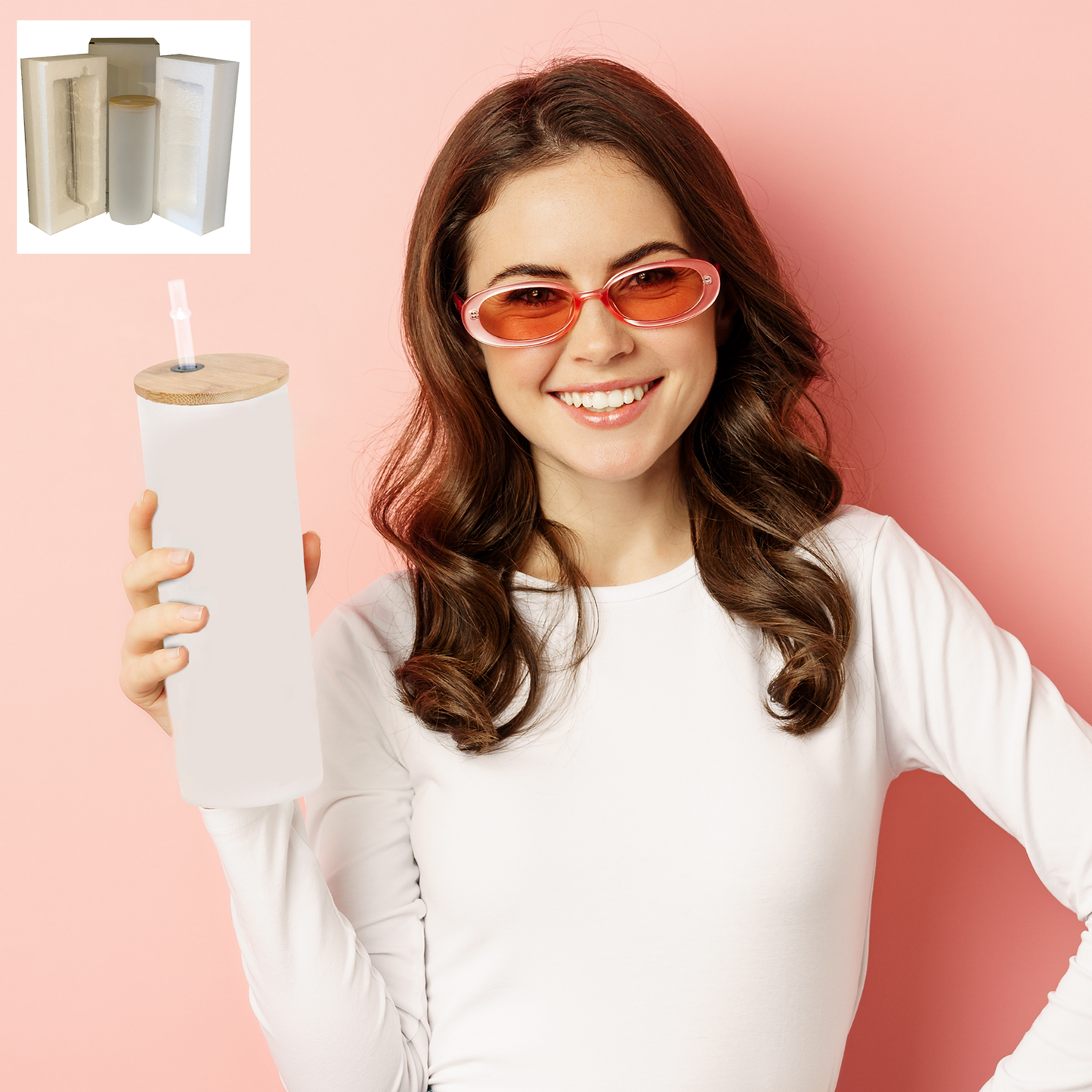 Sublimation Blanks Glass Tumbler Skinny Straight Frosted 25 OZ with Bamboo Lid and Plastic Straw-metal sraw and brush(Reinforced packaging)