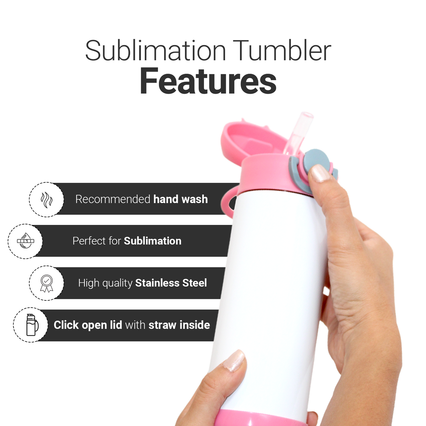 SDN SUBLIMATION Kids Water Bottle, 350ml Pink lid