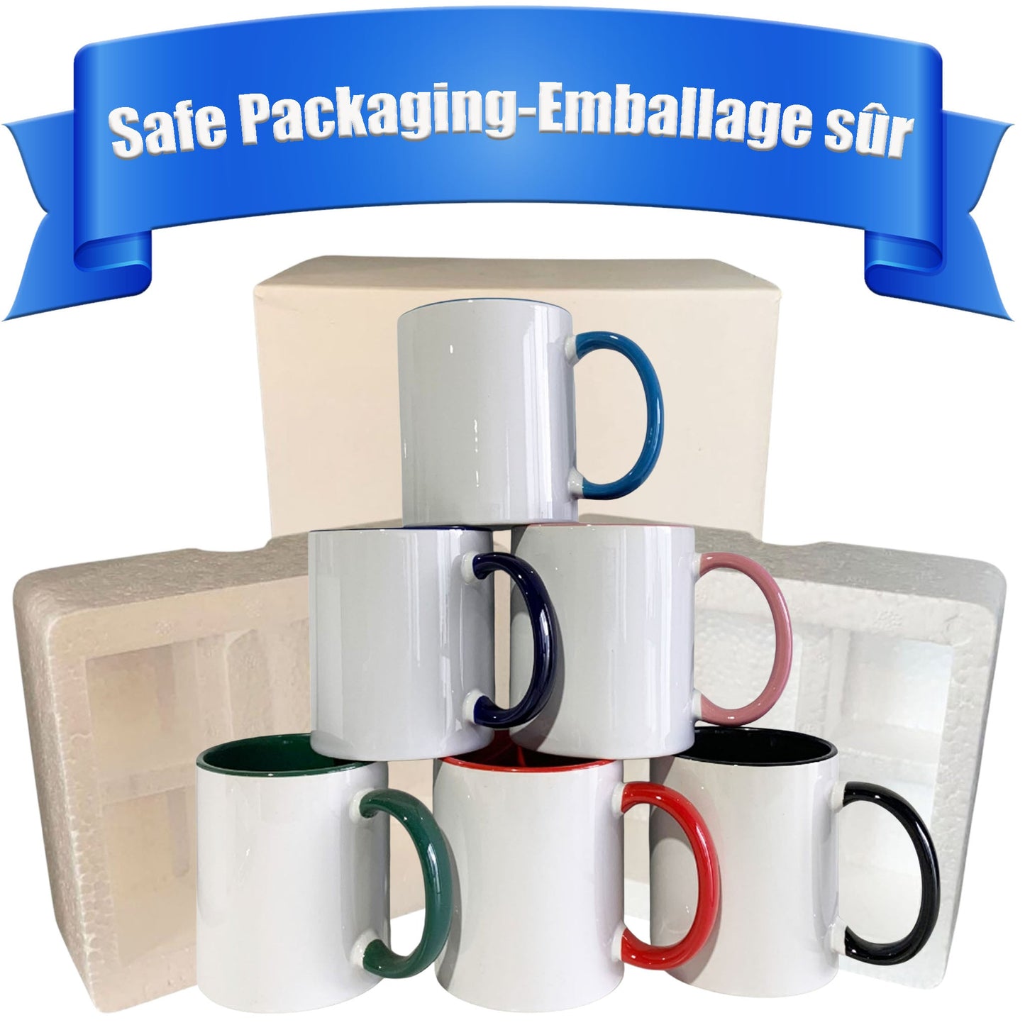 -11 once White sublimation mugs MULTI 6 COLORS inner color and handle with reinforced foam box packaging
