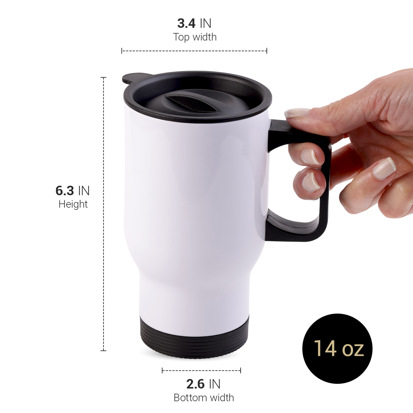 SDN Sublimation 14 OZ Sublimation white stainless steel travel mug (black lids)