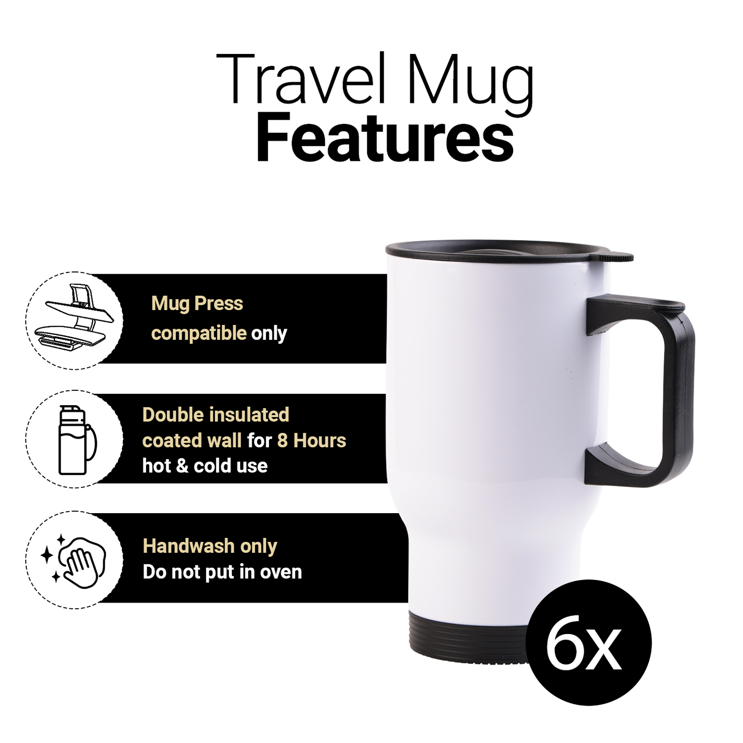SDN Sublimation 14 OZ Sublimation white stainless steel travel mug (black lids)