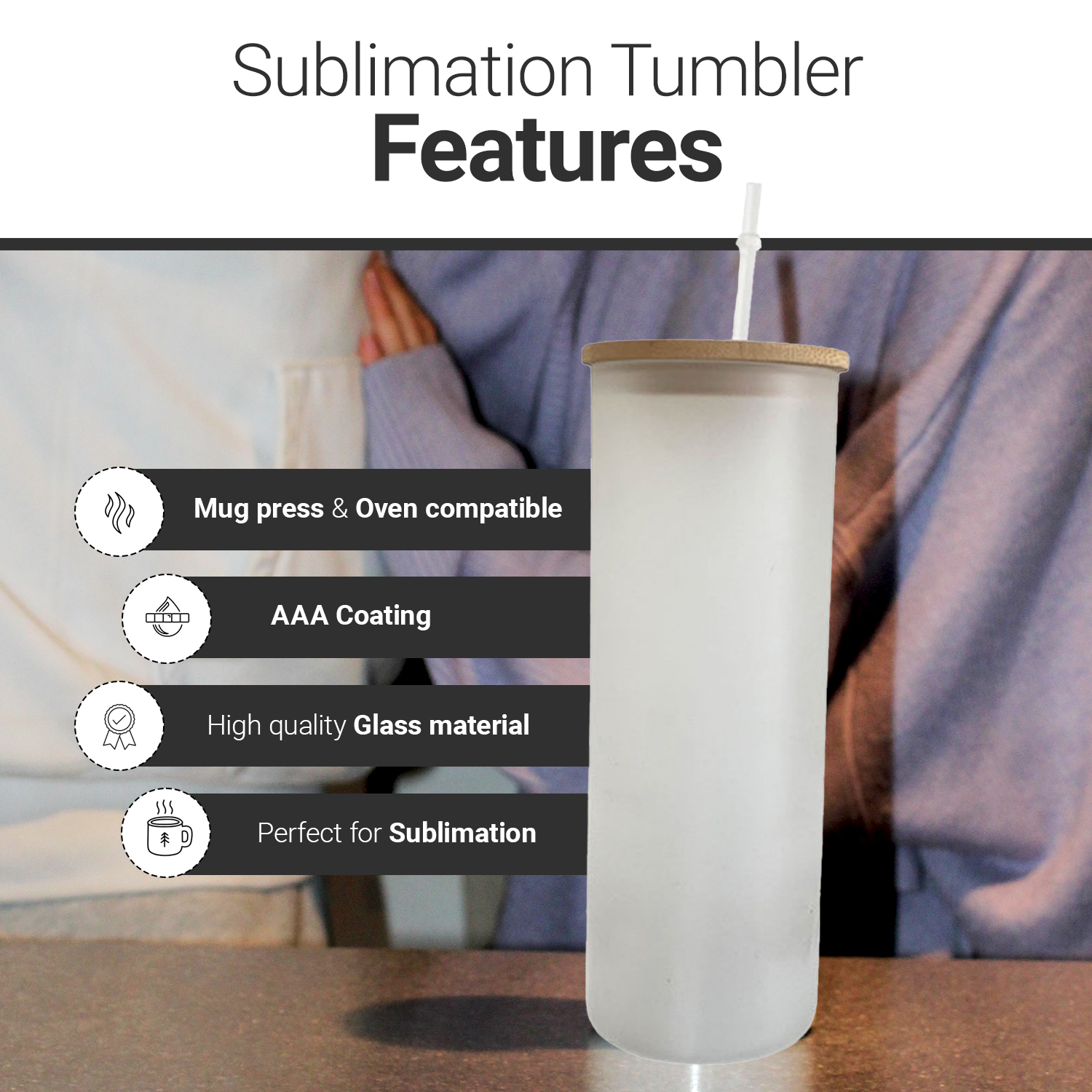 SDN SUBLIMATION Sublimation Blanks Glass Tumbler Skinny Straight Frosted 20 OZ with Bamboo Lid and Plastic Straw