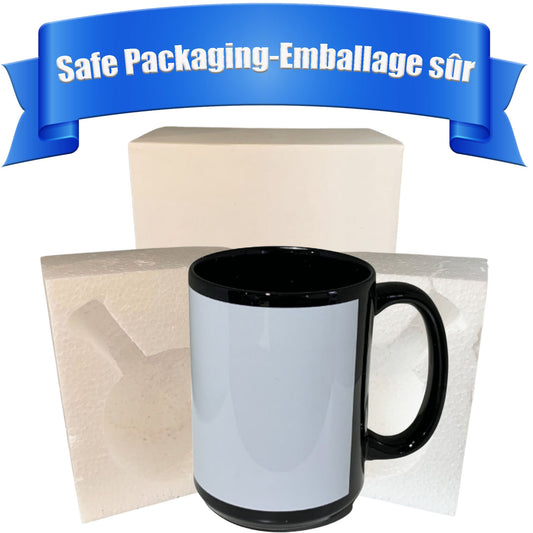 15 once black mugs with white strip with reinforced foam box packaging