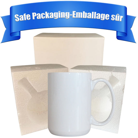 "Blank White 15 oz Sublimation Mugs with AAA Coating - Box of 6| Full-Color Printing | Reinforced Styrofoam Packaging"