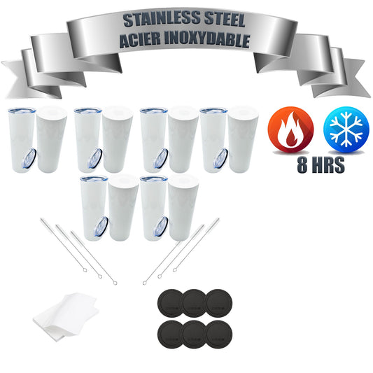 6 Pack - 20oz FLAT BOTTOM Straight Skinny  Sublimation Tumbler-straight-stainless steel(Double insulated hot- cold 8 hours) straw-cleaning brush-wraps-and seperate bottom Rubber