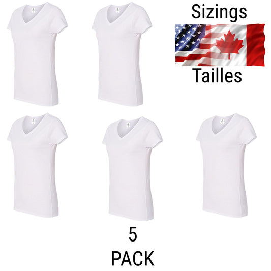 5 Pack-Ladies fitted Vneck T-Shirts White Super Soft (95% Polyester-5% Spandex)
